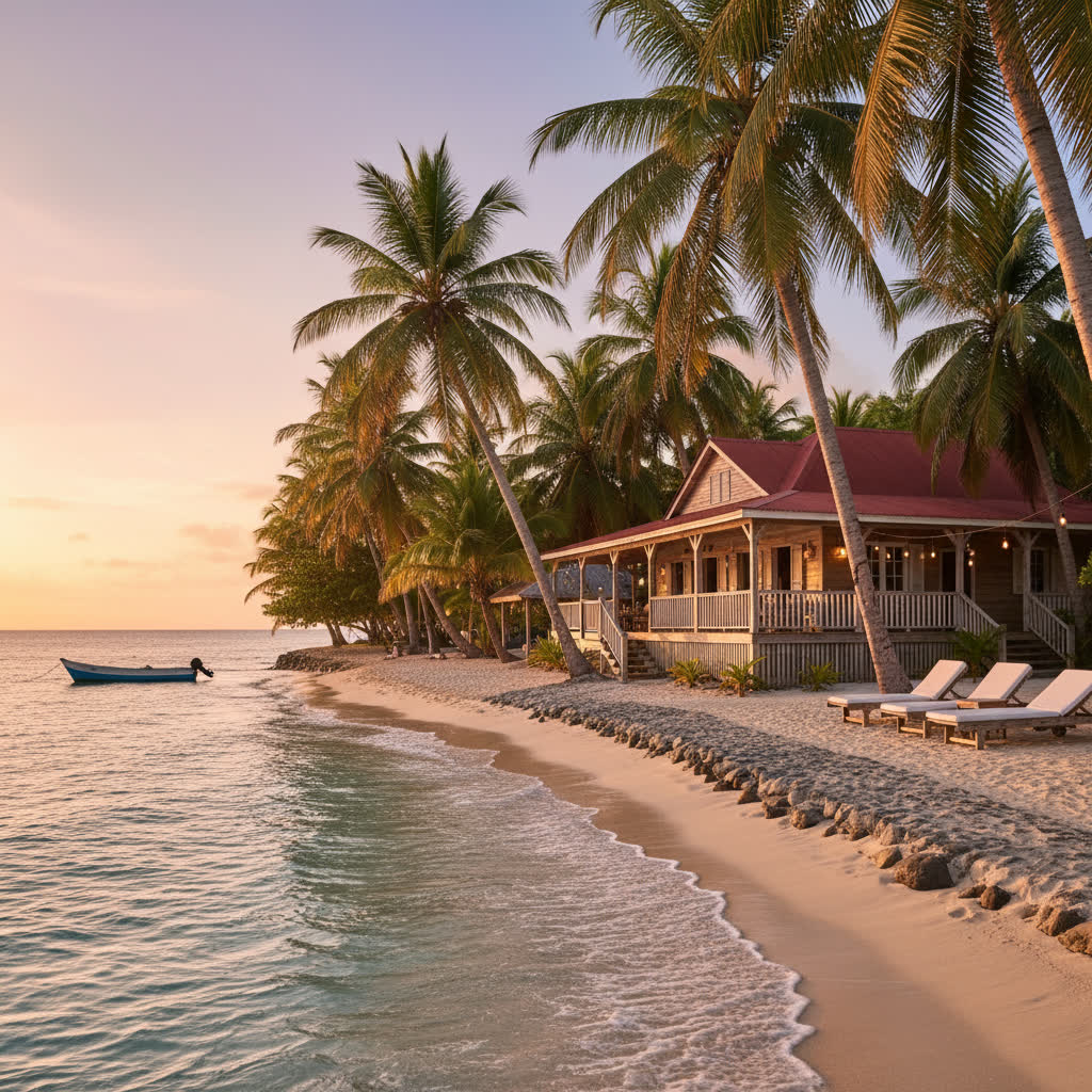 Sunset beach cottage with palm trees, loungers, and ocean view